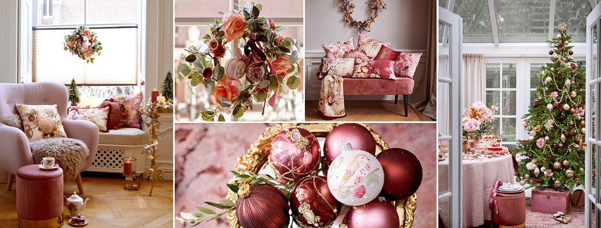 Roze kersttrend 2022, met kerstballen en kerstversiering in de kleuren goud, donkerrood, parel en roze! 