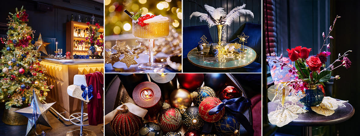 De chique kersttrend van 2022, met kerstballen en kerstversiering in de kleuren donkerrood, goud, zwart en wol wit