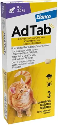 Adtab Kauwtablet Voor Katten - Anti vlooien en tekenmiddel - 3 stuks 0.5 - 2.0 Kg