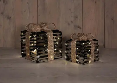 Anna's Collection LED cadeaudoos zwart/goud set 15cm & 20cm - afbeelding 1