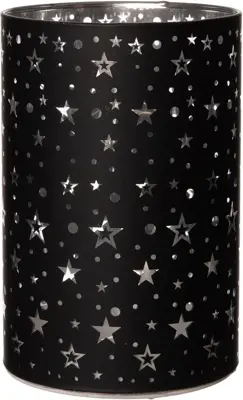 Anna's Collection LED cilinder glas met sterren zwart Ø 10 x 15cm warm wit - afbeelding 3