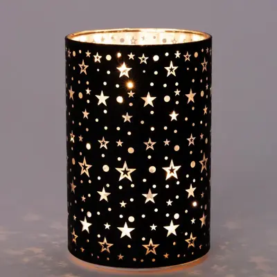 Anna's Collection LED cilinder glas met sterren zwart Ø 10 x 15cm warm wit - afbeelding 2