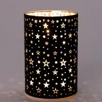 Anna's Collection LED cilinder glas met sterren zwart Ø 10 x 15cm warm wit - afbeelding 2