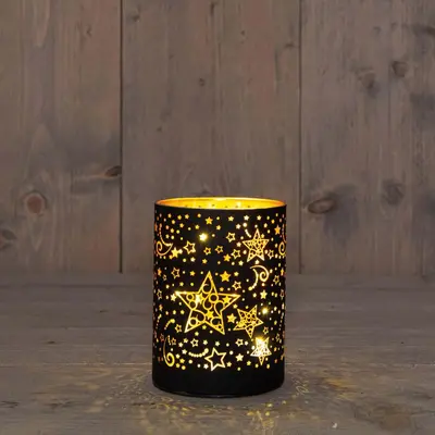 Anna's Collection LED cylinder glas sterren 10 lampjes goud Ø 9 x 12cm, warm wit - afbeelding 1