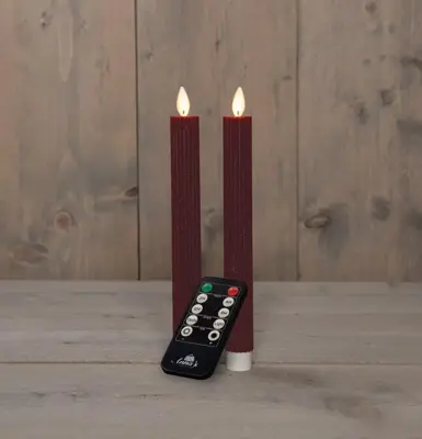 Anna's Collection LED dinerkaars flame effect ribbel 23 cm bordeaux 2 stuks - afbeelding 1