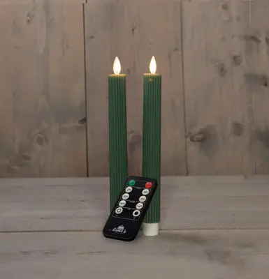 Anna's Collection LED dinerkaars flame effect ribbel 23 cm groen 2 stuks - afbeelding 1