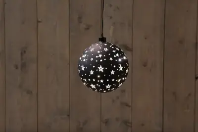 Anna's Collection LED glazen bal met sterren 15 lampjes zwart Ø 15cm, warm wit - afbeelding 1