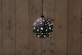 Anna's Collection LED glazen bal met sterren 15 lampjes zwart Ø 15cm, warm wit - afbeelding 1