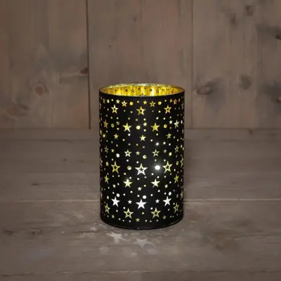 Anna's Collection LED glazen cylinder 8 lampjes goud/zwart Ø 10 x 15cm - afbeelding 3