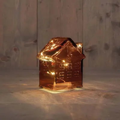 Anna's Collection LED glazen huisje 10 lampjes bordeaux 12,5 x 7,5 x 14cm - afbeelding 1