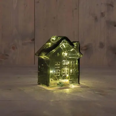 Anna's Collection LED glazen huisje 10 lampjes groen 12,5 x 7,5 x 14cm - afbeelding 1