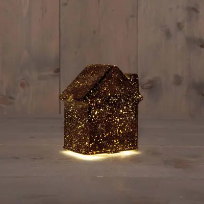 Anna's Collection LED glazen huisje 10 lampjes metallic brons 12,5 x 7,5 x 14cm - afbeelding 1