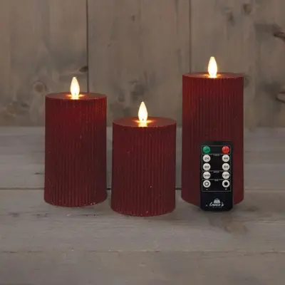 Anna's Collection LED kaars flame effect ribbel set 7.5 cm bordeaux 3 stuks - afbeelding 1