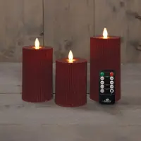 Anna's Collection LED kaars flame effect ribbel set 7.5 cm bordeaux 3 stuks - afbeelding 1