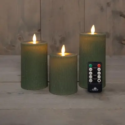 Anna's Collection LED kaars flame effect ribbel set 7.5 cm jade groen 3 stuks - afbeelding 1