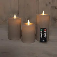 Anna's Collection LED kaars flame effect ribbel set 7.5 cm taupe 3 stuks - afbeelding 1