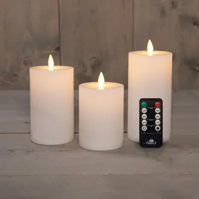 Anna's Collection LED kaars flame effect ribbel set 7.5 cm wit 3 stuks - afbeelding 1