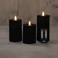 Anna's Collection LED kaars flame effect ribbel set 7.5 cm zwart 3 stuks - afbeelding 1