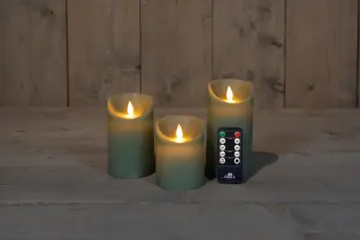 Anna's Collection LED kaars flame effect rustiek set 7.5 cm jade groen 3 stuks - afbeelding 1