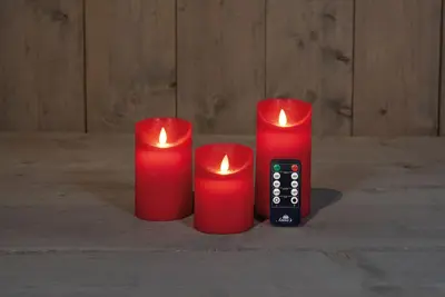 Anna's Collection LED kaars flame effect rustiek set 7.5 cm rood 3 stuks - afbeelding 1