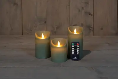 Anna's Collection LED kaars flame effect rustiek set 7.5 cm jade groen 3 stuks - afbeelding 1