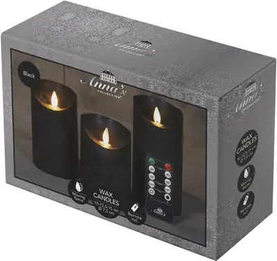 Anna's Collection LED kaars flame effect rustiek set 7.5 cm zwart 3 stuks - afbeelding 1