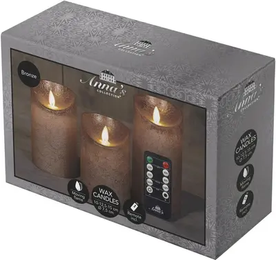 Anna's Collection LED kaars flame effect rustiek set 7.5 cm brons 3 stuks - afbeelding 1