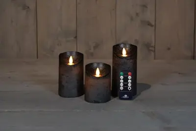 Anna's Collection LED kaars flame effect rustiek set 7.5 cm antraciet 3 stuks - afbeelding 1