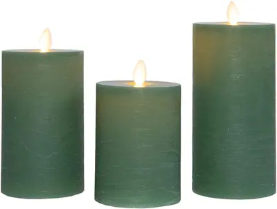 Anna's Collection LED kaars oplaadbaar flame effect rustiek set 7.5 cm jade groen 3 stuks - afbeelding 1