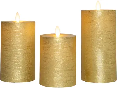 Anna's Collection LED kaars oplaadbaar flame effect rustiek set 7.5 cm goud 3 stuks - afbeelding 1