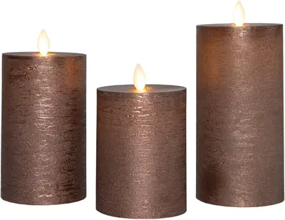 Anna's Collection LED kaars oplaadbaar flame effect rustiek set 7.5 cm brons 3 stuks - afbeelding 1