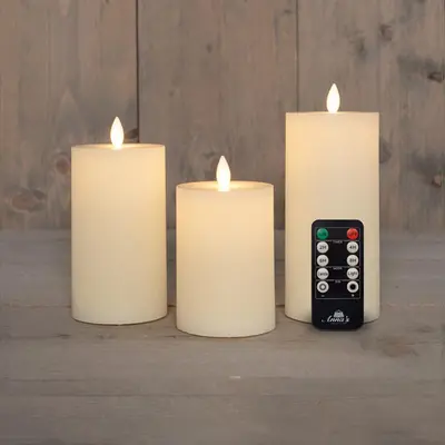 Anna's Collection LED kaars oplaadbaar flame effect rustiek set 7.5 cm wit 3 stuks - afbeelding 1