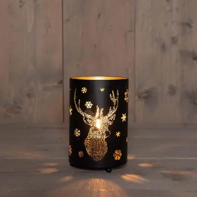 Anna's Collection LED lantaarn met rendier zwart/goud Ø 10,5 x 16cm, warm wit - afbeelding 1