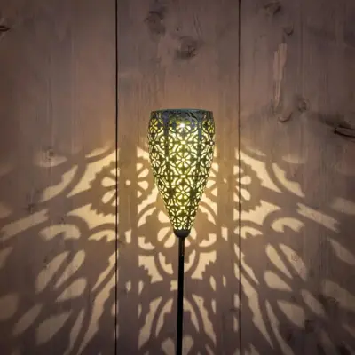 Anna's Collection Solar fakkel metaal 10,5 x 88 cm antiek Turquoise met warm witte LED.