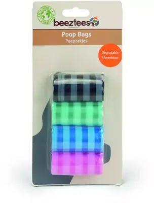 Beeztees poepzakjes gestreept navulling plastic 4x20st 6x3x3cm assorti 4 kleuren