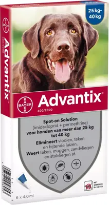 Beschermt honden tegen vlooien, teken, muggen, zandvliegen, stalvliegen en luizen.