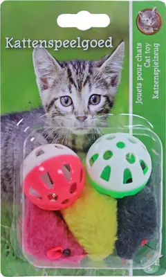 Boon kattenspeelgoed blister à 2 bal met bel en 3 gekleurde muis - afbeelding 1