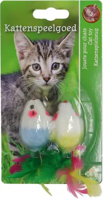 Boon kattenspeelgoed bontmuis+veren 4cm kaart a 2st