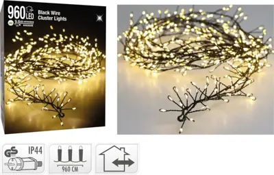 Cluster kerstverlichting zwart draad 960 LED 9,6 meter warm wit - afbeelding 1