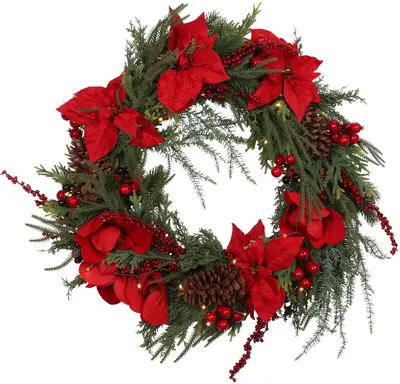 Countryfield krans poinsettia led 71cm groen, rood - afbeelding 1