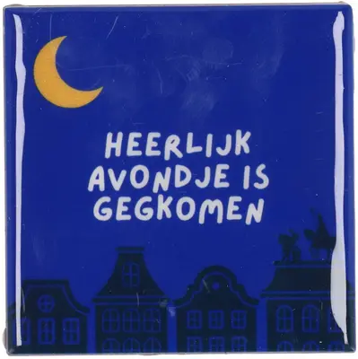 Daan Kromhout Design tegeltje keramiek heerlijk avondje 10x10cm blauw