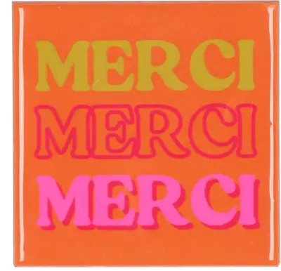 Daan Kromhout Design tegeltje keramiek merci 10x10cm orange