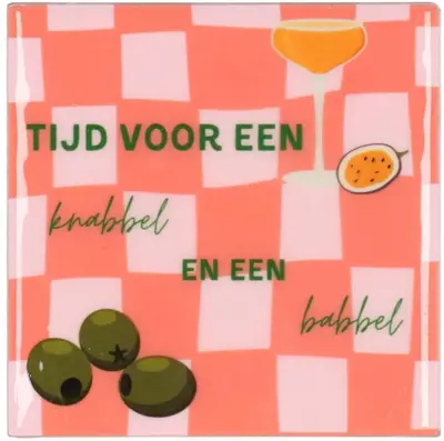 Daan Kromhout Design tegeltje keramiek tijd voor een knabbel en een babbel 10x10cm pink
