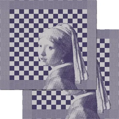 DDDDD theedoek girl with a pearl 60x65cm blauw 2 stuks