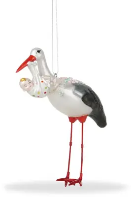 De Ballen Uit glazen kerstbal ooievaar met baby 15cm multi - afbeelding 1