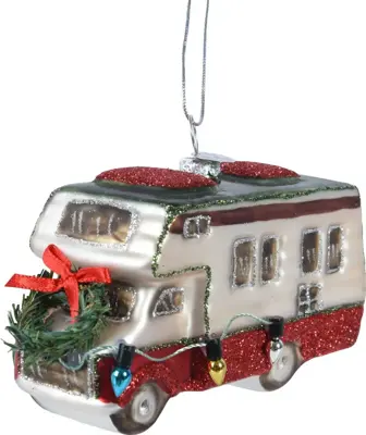 Decoris glazen kerst ornament camper krans 7.5cm rood, wit
