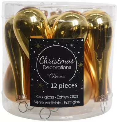 Decoris glazen kerst ornament druppel 7.5cm licht goud 12 stuks