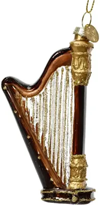 Decoris glazen kerst ornament harp 9cm bruin