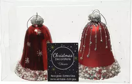 Decoris glazen kerst ornament kerstklok 8cm kerstrood 2 stuks - afbeelding 2