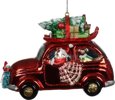 Decoris glazen kerst ornament kerstman in auto 9.5cm rood